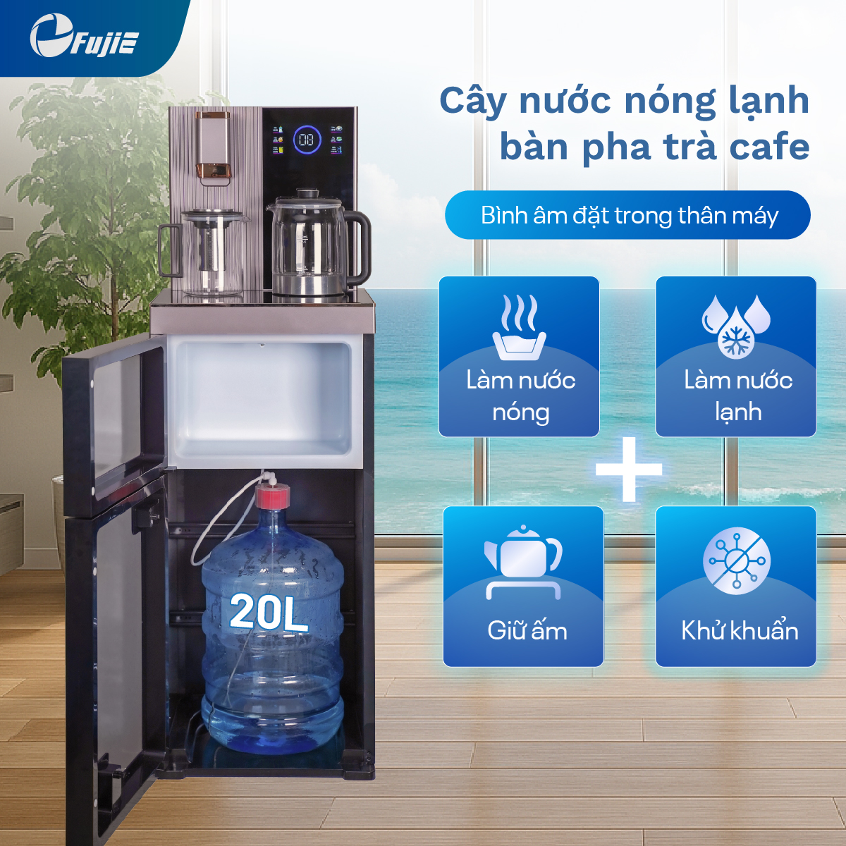 Cây nước nóng lạnh bàn trà cao cấp có ngăn khử khuẩn UV FujiE TB238UV